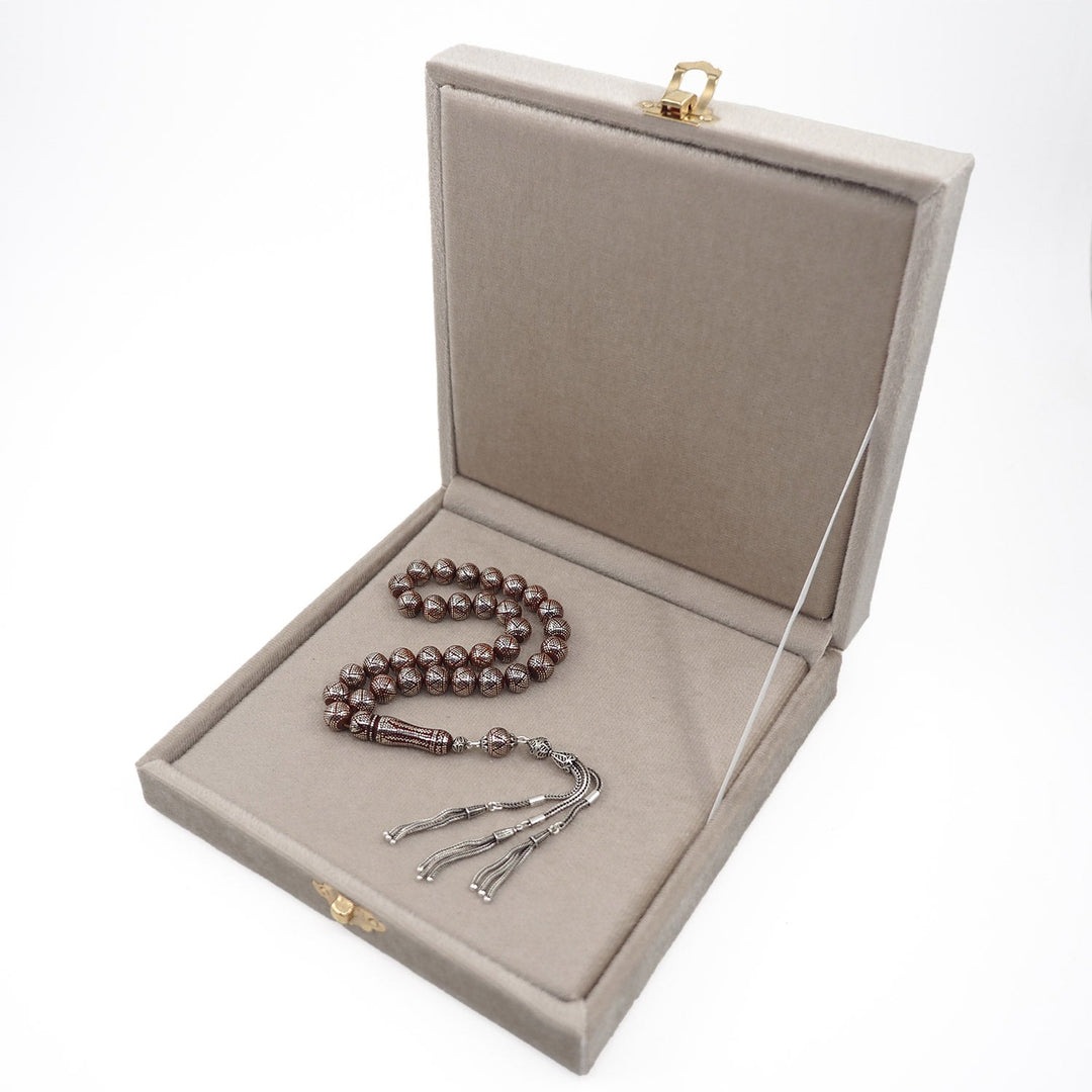 Master Crafted Silver Inlaid Round Cut Kuka Wood Tasbeeh (with Silver Tassel & Special Box) - WATD493
