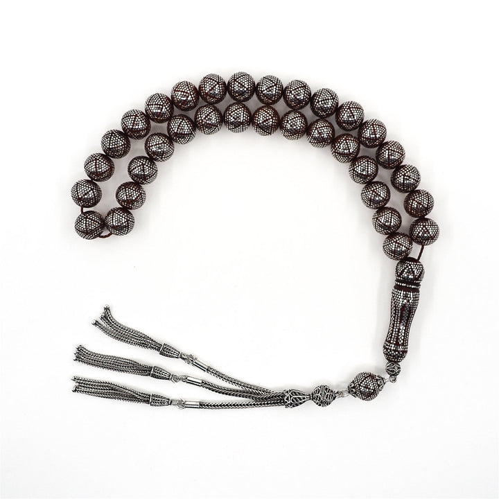 Master Crafted Silver Inlaid Round Cut Kuka Wood Tasbeeh (with Silver Tassel & Special Box) - WATD493