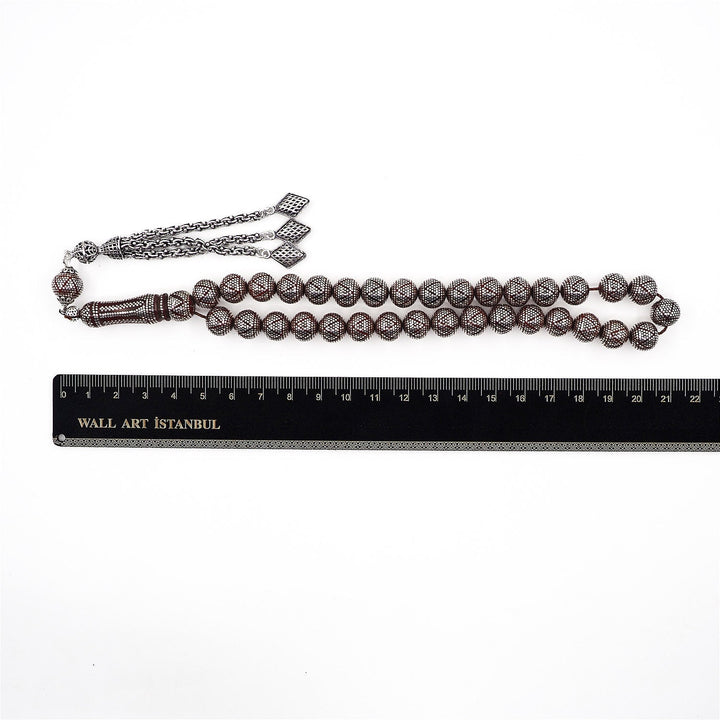 Master Crafted Silver Inlaid Round Cut Kuka Wood Tasbeeh (with Silver Tassel & Special Box) - WATD494