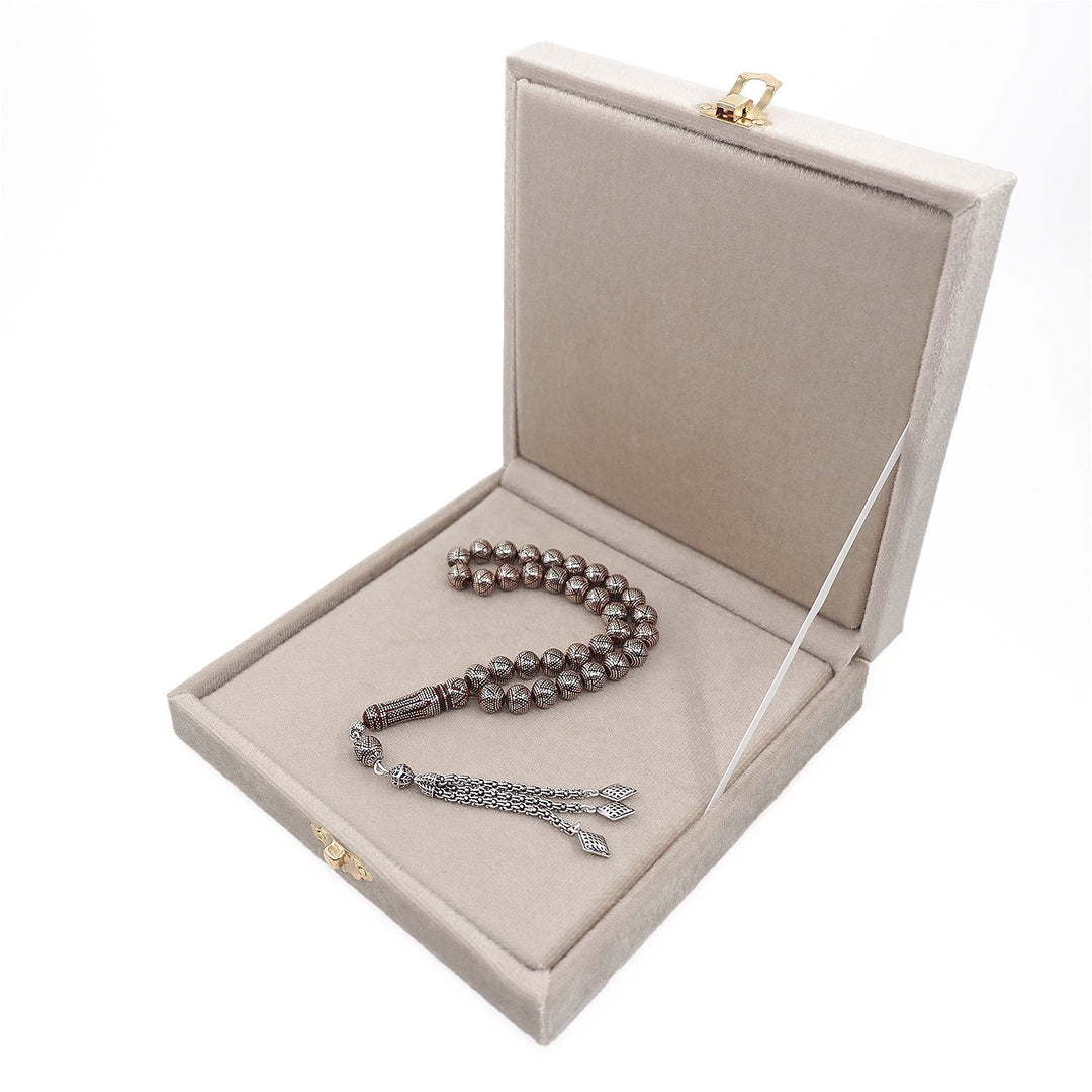 Master Crafted Silver Inlaid Round Cut Kuka Wood Tasbeeh (with Silver Tassel & Special Box) - WATD494
