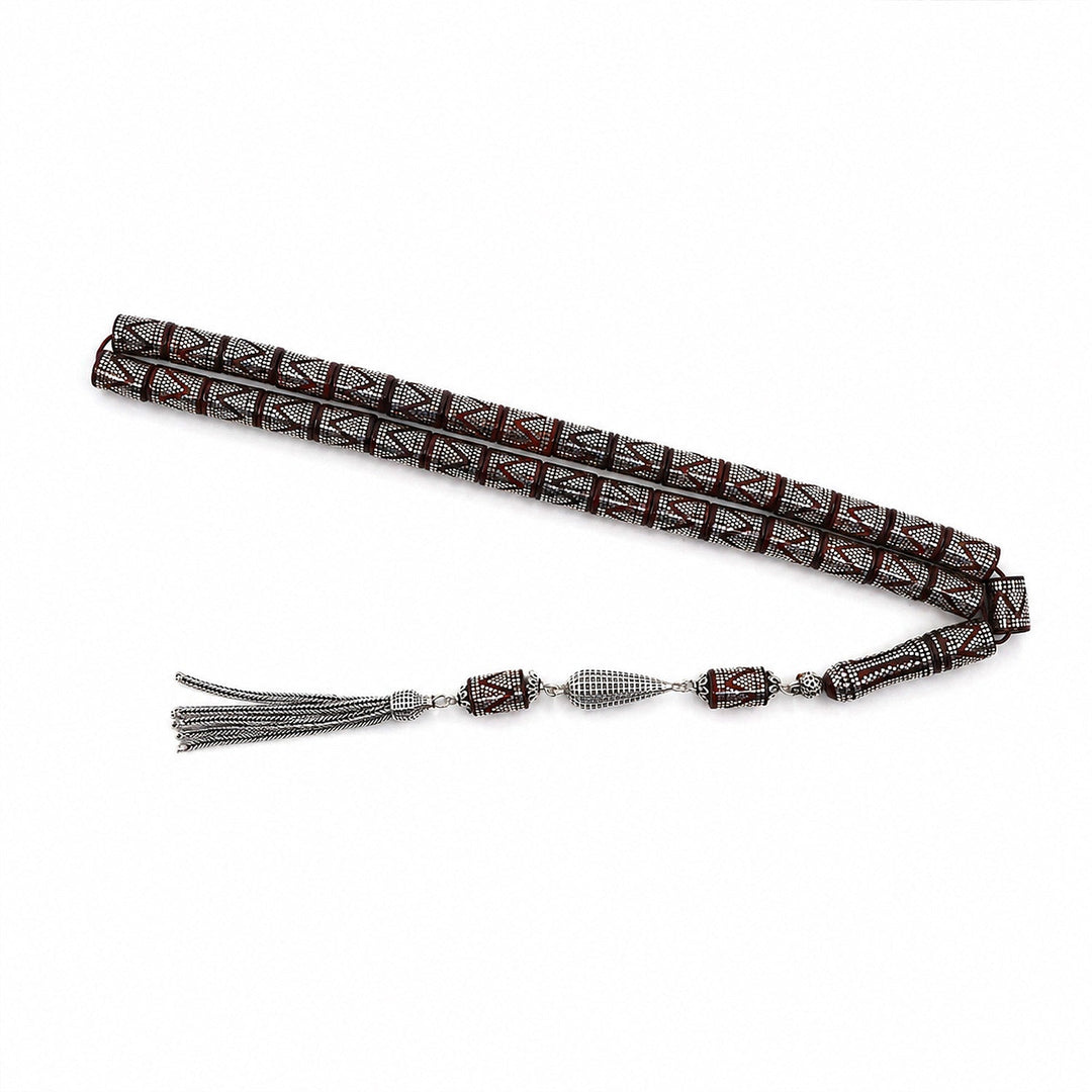 Master Crafted Silver Inlaid Faceted Cut Kuka Wood Tasbeeh (with Silver Tassel & Special Box) - WATD495