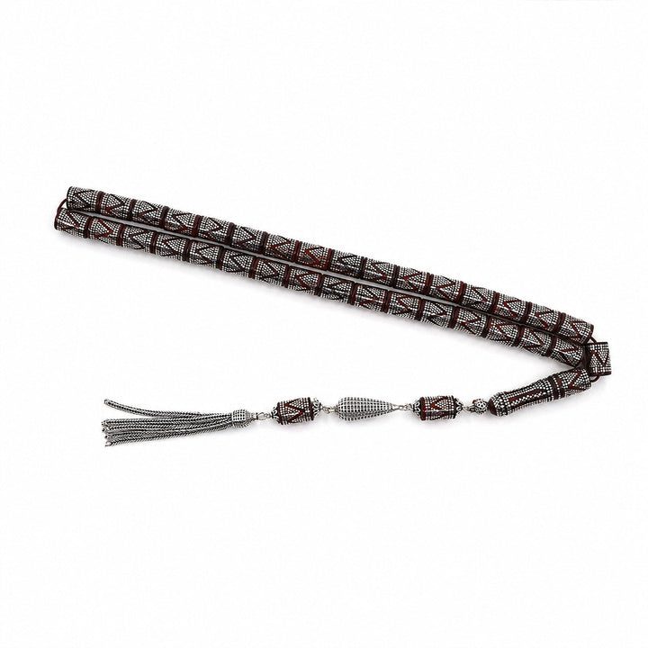 Master Crafted Silver Inlaid Faceted Cut Kuka Wood Tasbeeh (with Silver Tassel & Special Box) - WATD495