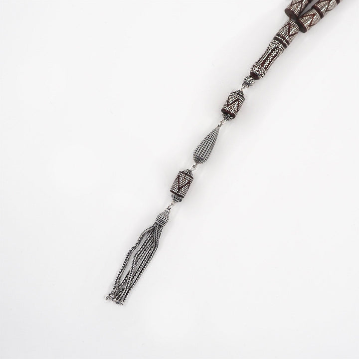 Master Crafted Silver Inlaid Faceted Cut Kuka Wood Tasbeeh (with Silver Tassel & Special Box) - WATD495