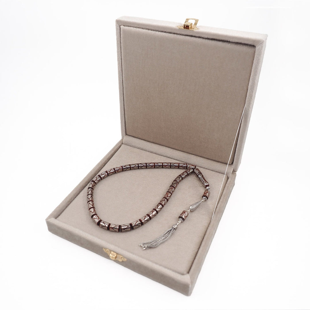 Master Crafted Silver Inlaid Faceted Cut Kuka Wood Tasbeeh (with Silver Tassel & Special Box) - WATD495