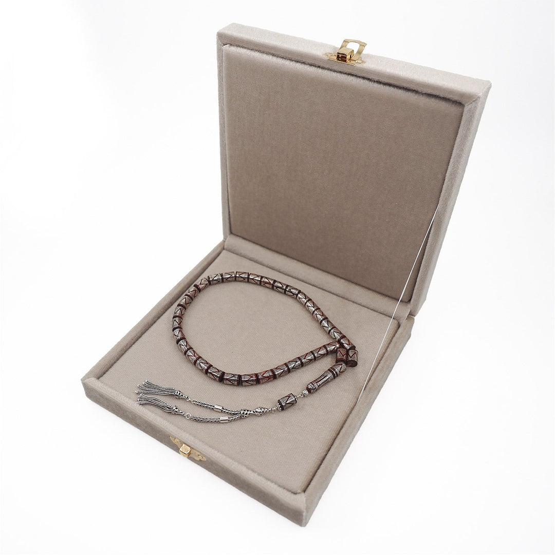 Master Crafted Silver Inlaid Faceted Cut Kuka Wood Tasbeeh (with Silver Tassel & Special Box) - WATD496