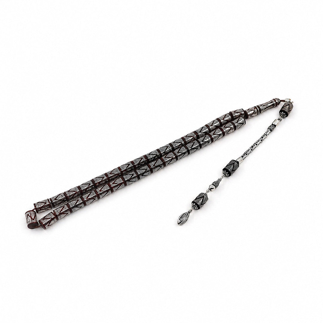 Master Crafted Silver Inlaid Faceted Cut Kuka Wood Tasbeeh (with Silver Tassel & Special Box) - WATD497