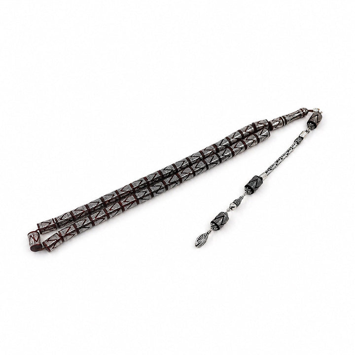Master Crafted Silver Inlaid Faceted Cut Kuka Wood Tasbeeh (with Silver Tassel & Special Box) - WATD497