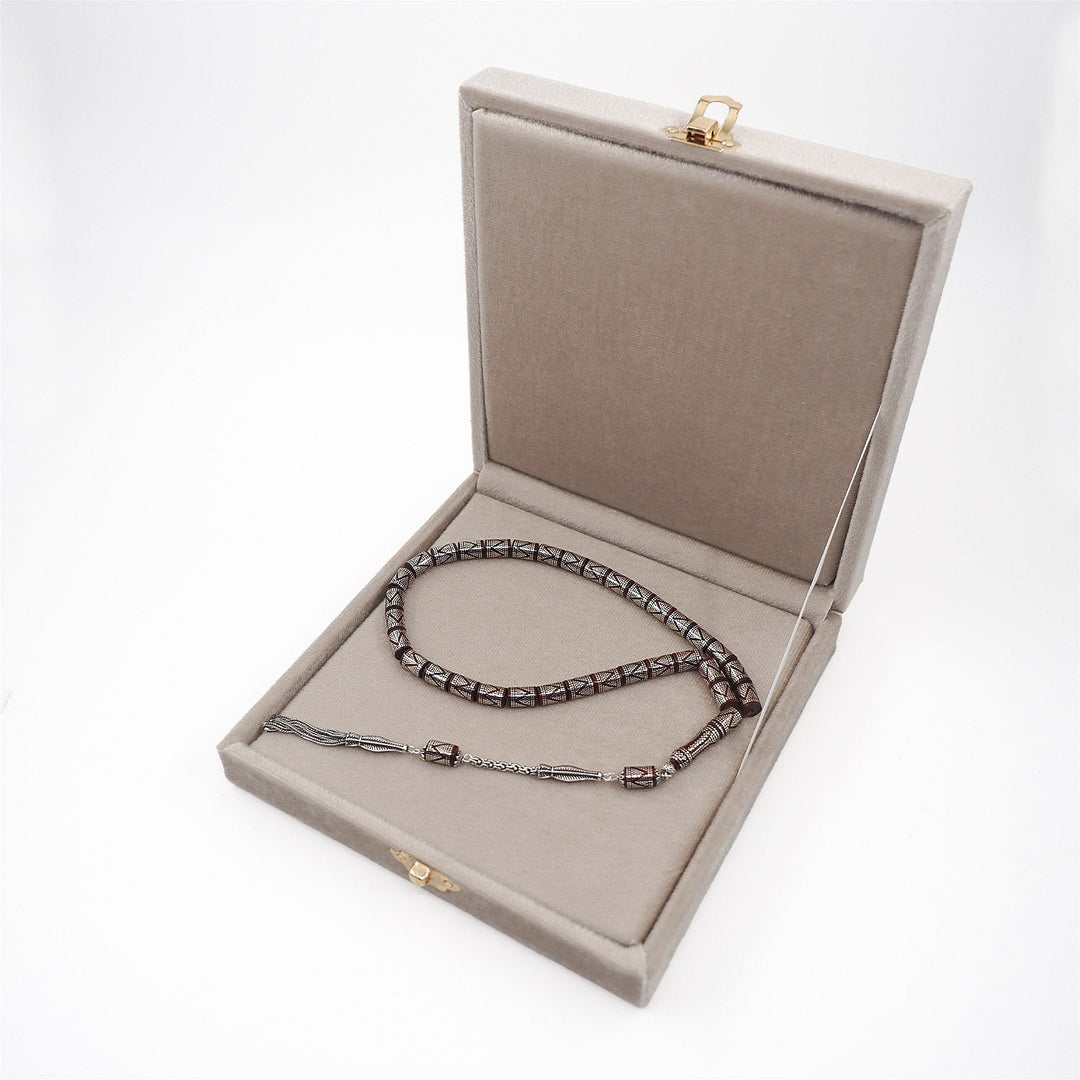 Master Crafted Silver Inlaid Faceted Cut Kuka Wood Tasbeeh (with Silver Tassel & Special Box) - WATD498