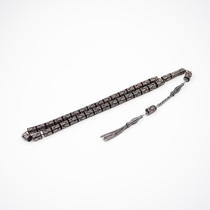 Master Crafted Silver Inlaid Faceted Cut Kuka Wood Tasbeeh (with Silver Tassel & Special Box) - WATD498
