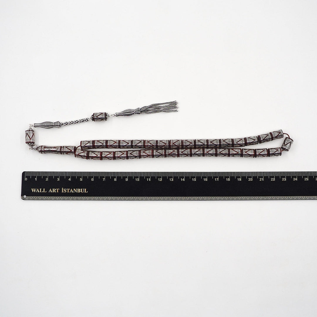 Master Crafted Silver Inlaid Faceted Cut Kuka Wood Tasbeeh (with Silver Tassel & Special Box) - WATD498