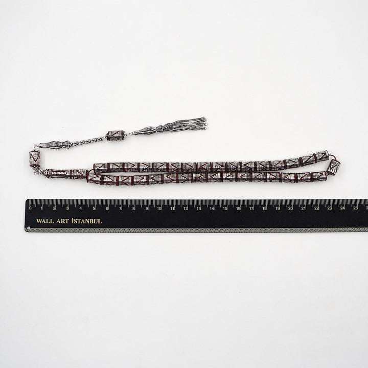 Master Crafted Silver Inlaid Faceted Cut Kuka Wood Tasbeeh (with Silver Tassel & Special Box) - WATD498