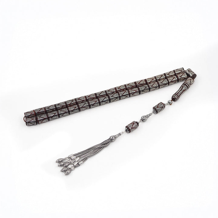 Master Crafted Silver Inlaid Faceted Cut Kuka Wood Tasbeeh (with Silver Tassel & Special Box) - WATD499