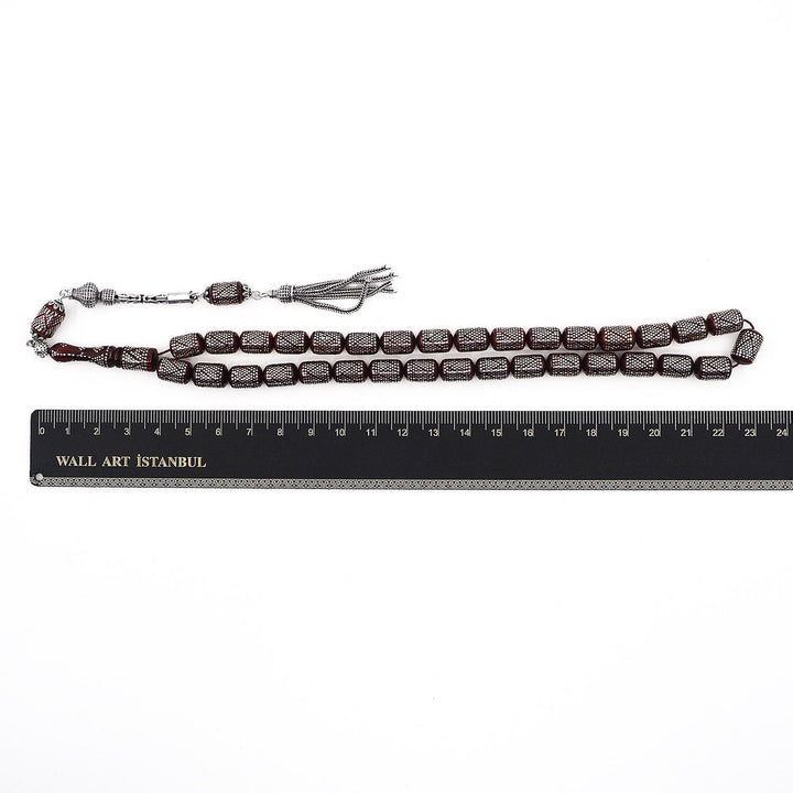 Silver Inlaid Capsule Cut Kuka Wood Tasbeeh (with Silver Tassel &amp; Special Box) - WATD500