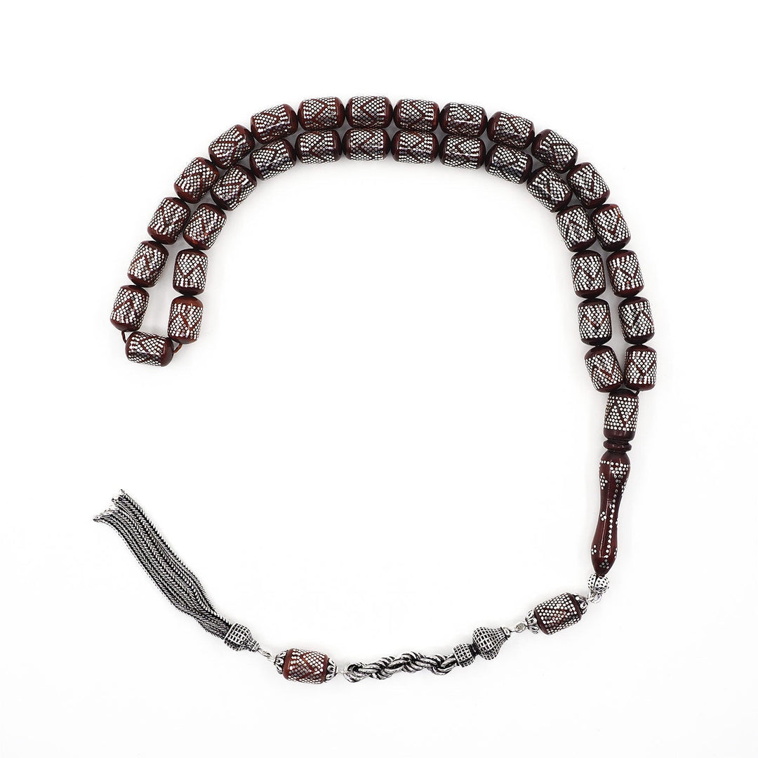 Silver Inlaid Capsule Cut Kuka Wood Tasbeeh (with Silver Tassel & Special Box) - WATD502