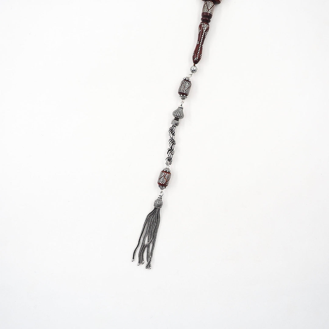 Silver Inlaid Capsule Cut Kuka Wood Tasbeeh (with Silver Tassel & Special Box) - WATD502