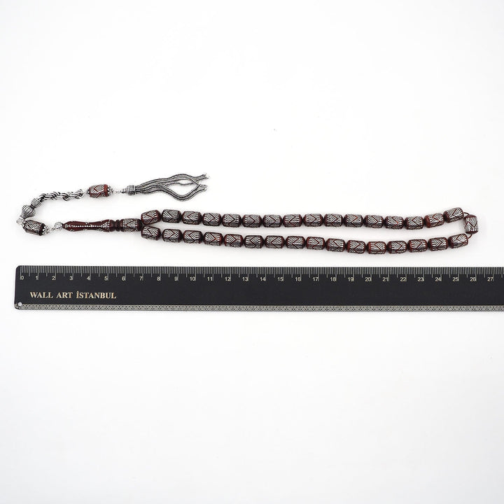 Silver Inlaid Capsule Cut Kuka Wood Tasbeeh (with Silver Tassel & Special Box) - WATD502