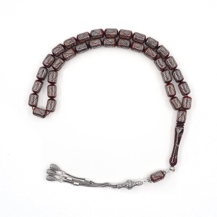 Silver Inlaid Capsule Cut Kuka Wood Tasbeeh (with Silver Tassel &amp; Special Box) - WATD503