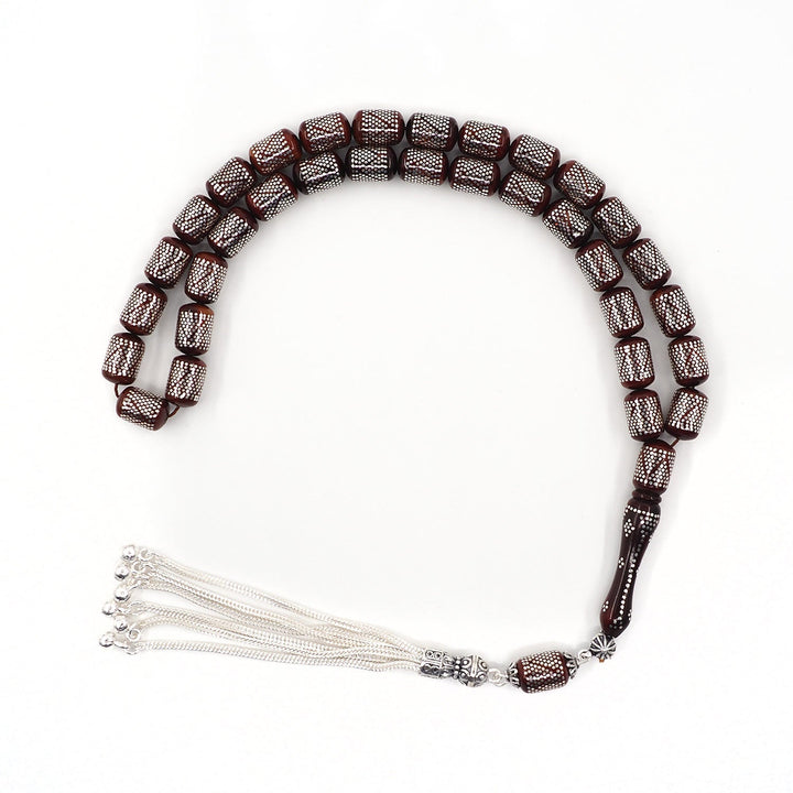Silver Inlaid Capsule Cut Kuka Wood Tasbeeh (with Silver Tassel &amp; Special Box) - WATD504