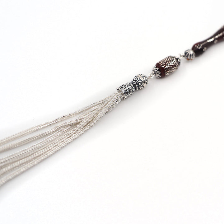 Silver Inlaid Capsule Cut Kuka Wood Tasbeeh (with Silver Tassel &amp; Special Box) - WATD504