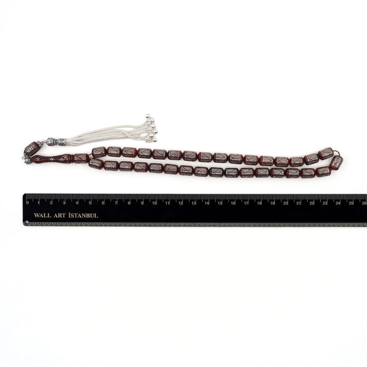 Silver Inlaid Capsule Cut Kuka Wood Tasbeeh (with Silver Tassel &amp; Special Box) - WATD504