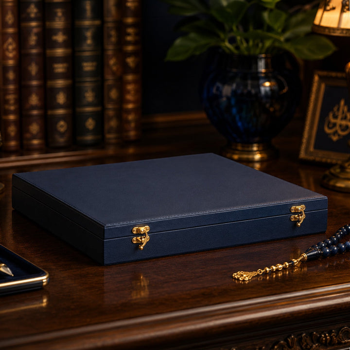 Exclusive Navy Blue Leather-Covered Wooden Tasbeeh Case (For up to 21 Tasbeehs) - WATD505