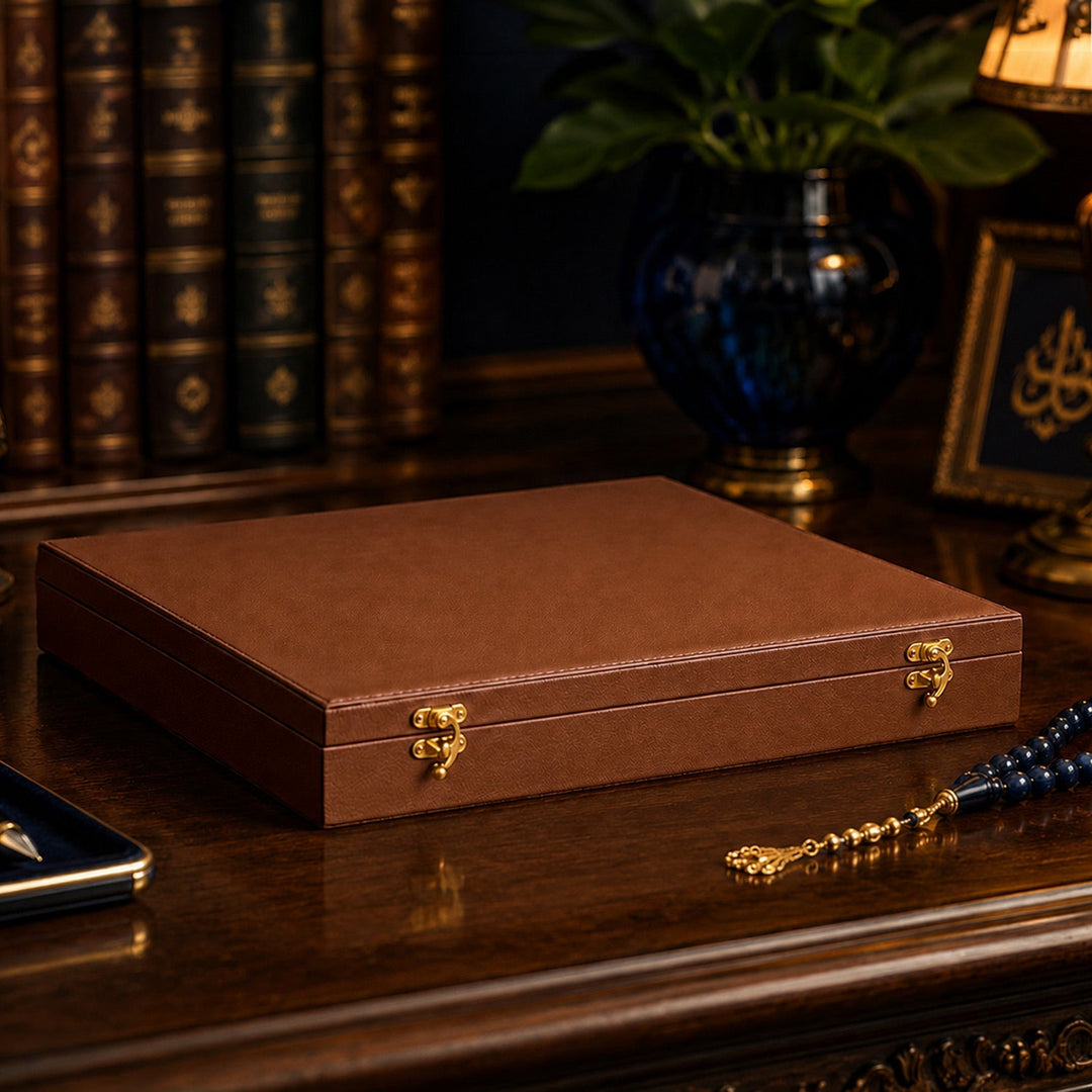 Exclusive Tan Brown Leather-Covered Wooden Tasbeeh Case (For up to 21 Tasbeehs) - WATD505