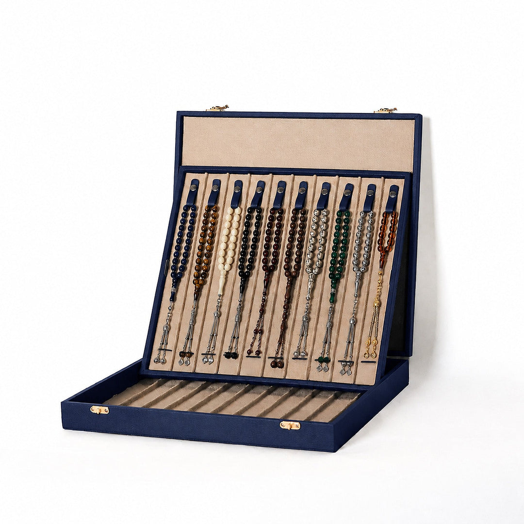 Exclusive Navy Blue Leather-Covered Wooden Tasbeeh Case (For up to 21 Tasbeehs) - WATD505