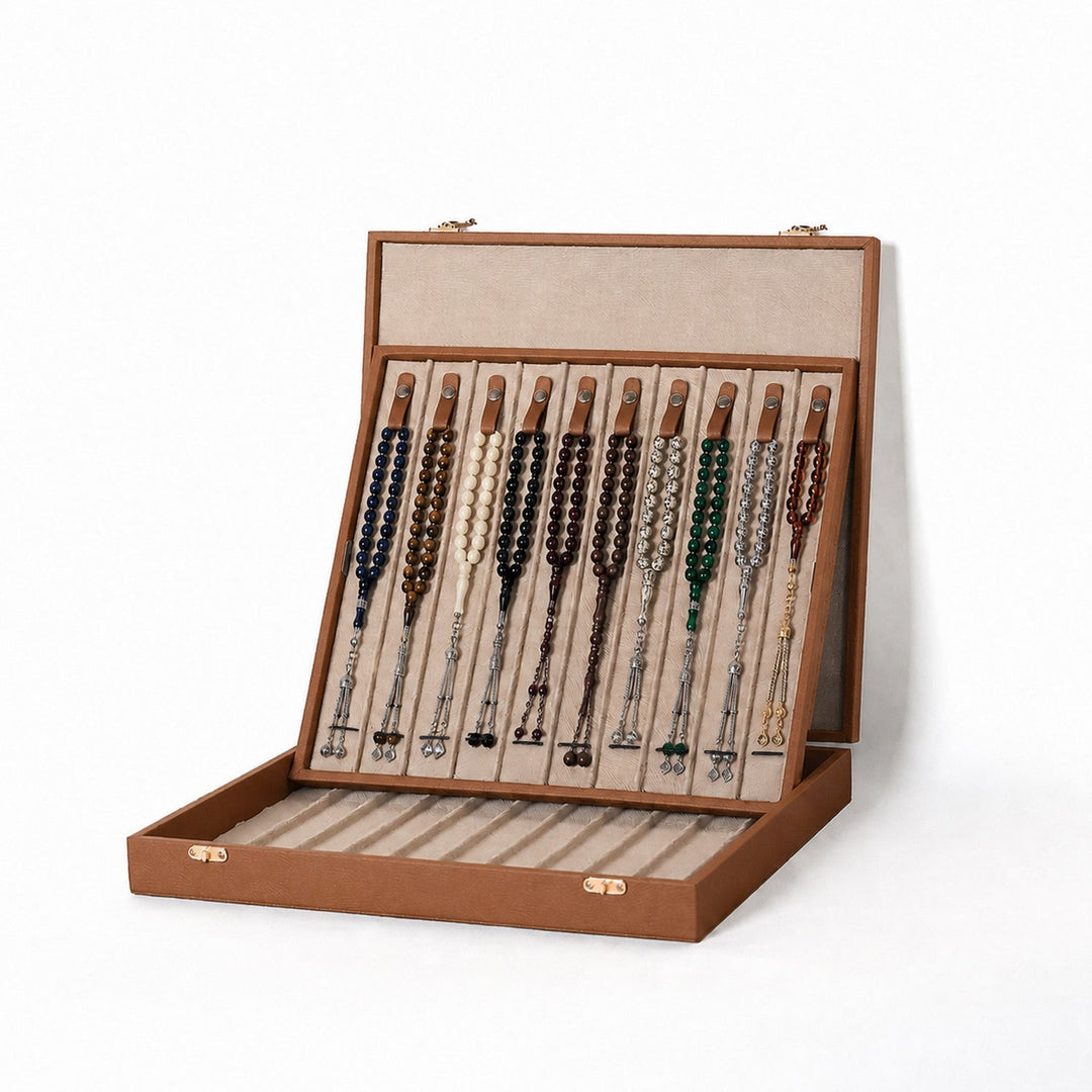 Exclusive Tan Brown Leather-Covered Wooden Tasbeeh Case (For up to 21 Tasbeehs) - WATD505