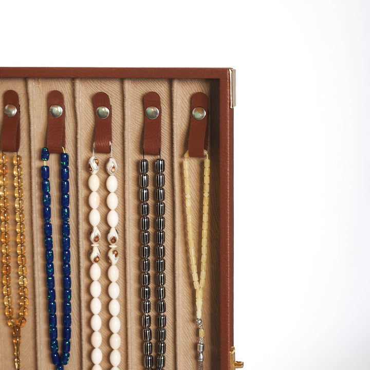 Exclusive Tan Brown Leather-Covered Wooden Tasbeeh Case (For up to 14 Tasbeehs) - WATD506