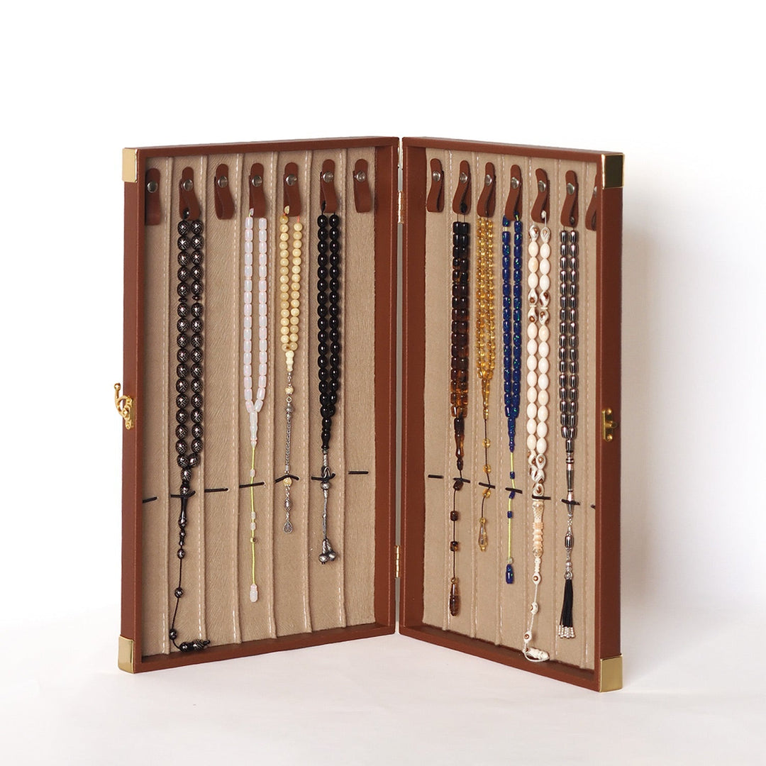 Exclusive Tan Brown Leather-Covered Wooden Tasbeeh Case (For up to 14 Tasbeehs) - WATD506