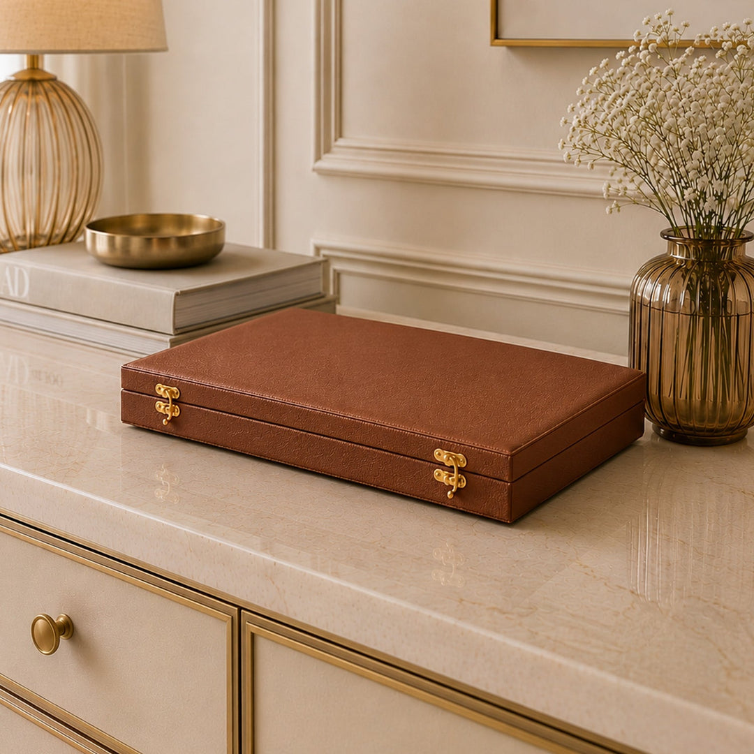 Exclusive Tan Brown Leather-Covered Wooden Tasbeeh Case (For up to 11 Tasbeehs) - WATD507