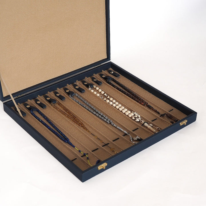 Exclusive Navy Blue Leather-Covered Wooden Tasbeeh Case (For up to 11 Tasbeehs) - WATD507