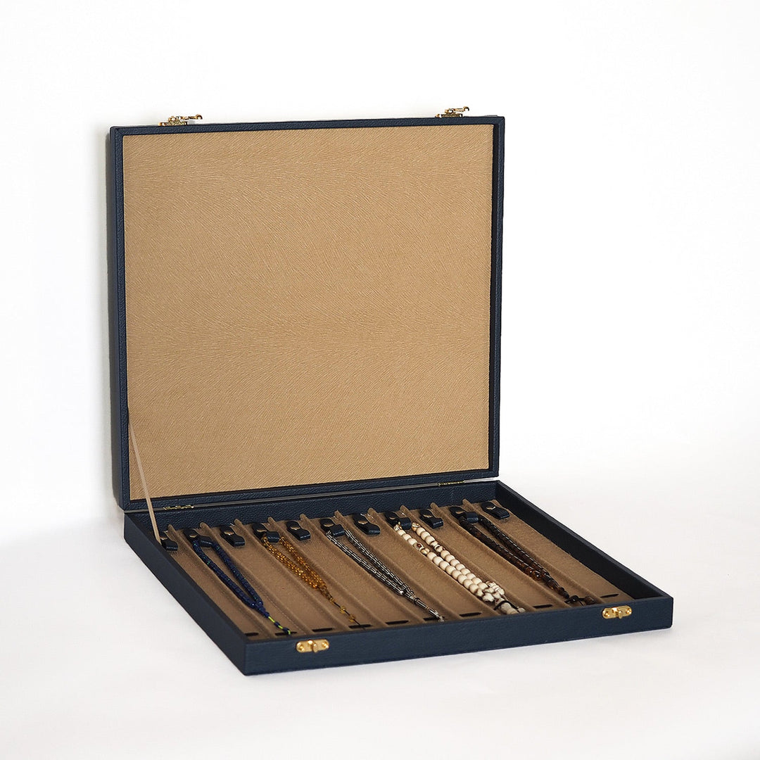 Exclusive Navy Blue Leather-Covered Wooden Tasbeeh Case (For up to 11 Tasbeehs) - WATD507