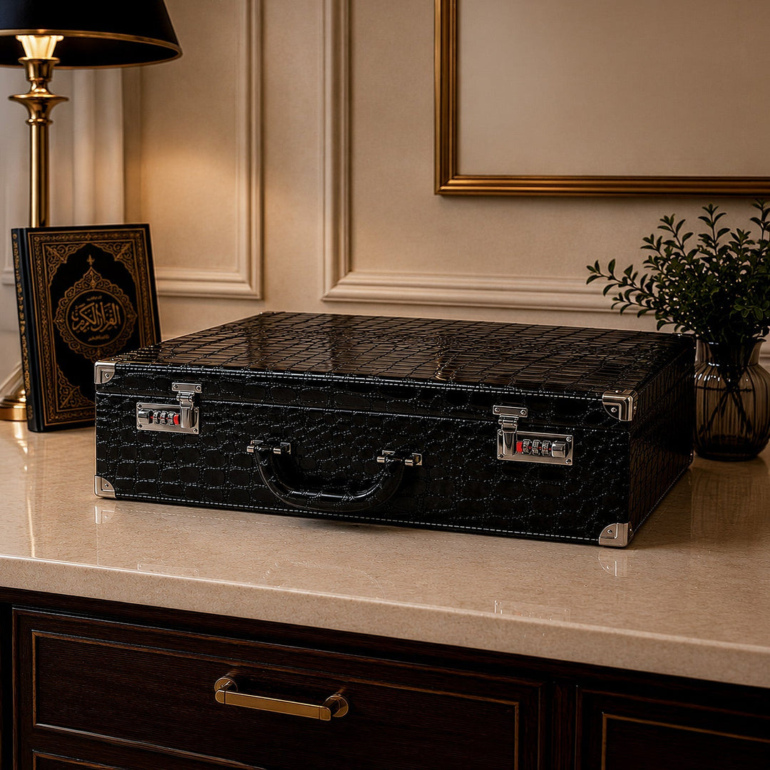 Exclusive Black Leather-Covered Wooden Tasbeeh Case (For up to 85 Tasbeehs) - WATD510