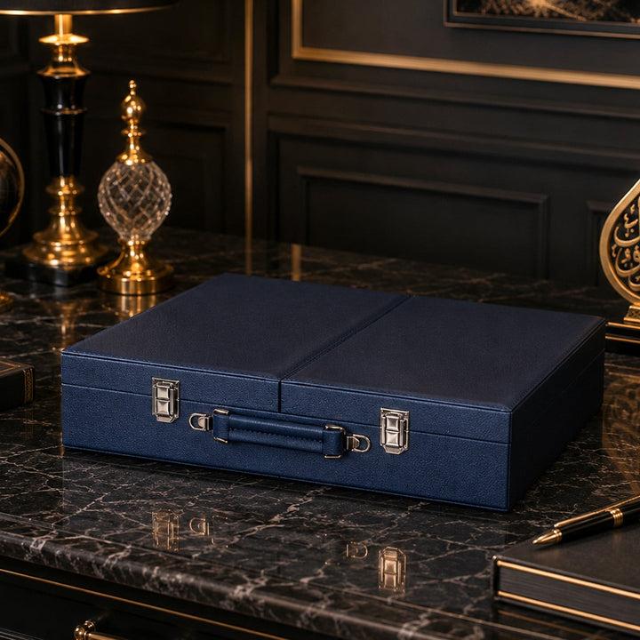 Exclusive Navy Blue Leather-Covered Wooden Tasbeeh Case (For up to 67 Tasbeehs) - WATD511
