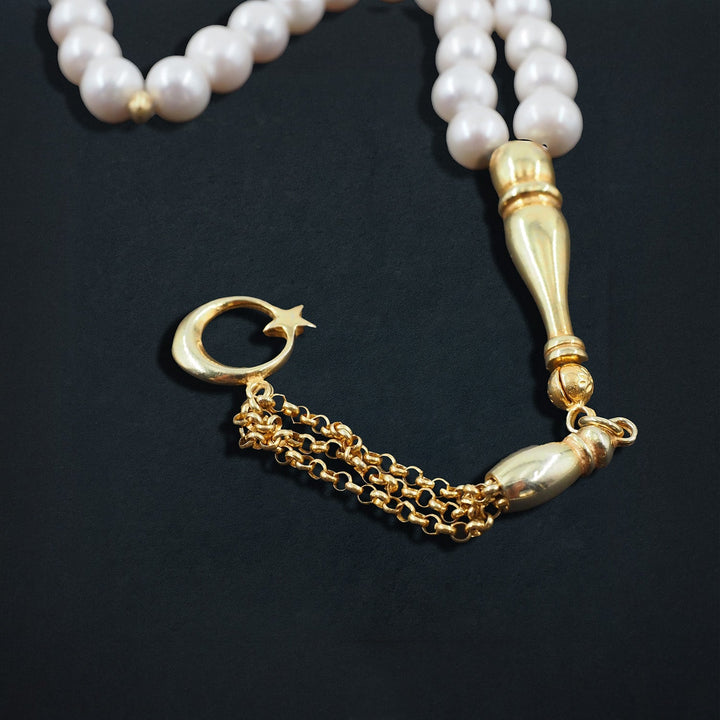 Genuine Pearl Tasbeeh with Crescent & Star Theme and Gold-Plated 925 Sterling Silver Tassel - WATD651