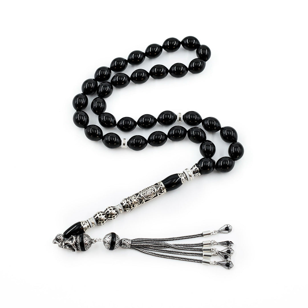 Original Erzurum Oltu Stone Jawshan Prayer Inscribed Mastercrafted Hand-Engraved Silver Imame Bead Tasbeeh – WATD684