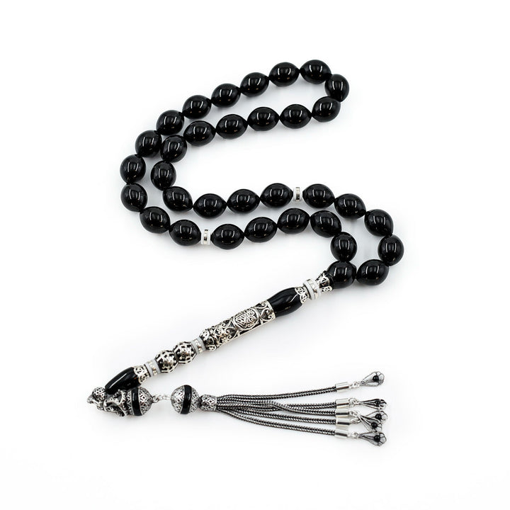 Original Erzurum Oltu Stone Jawshan Prayer Inscribed Mastercrafted Hand-Engraved Silver Imame Bead Tasbeeh – WATD684