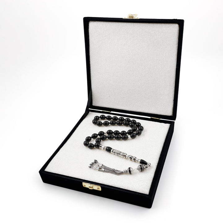 Original Erzurum Oltu Stone Jawshan Prayer Inscribed Mastercrafted Hand-Engraved Silver Imame Bead Tasbeeh – WATD684