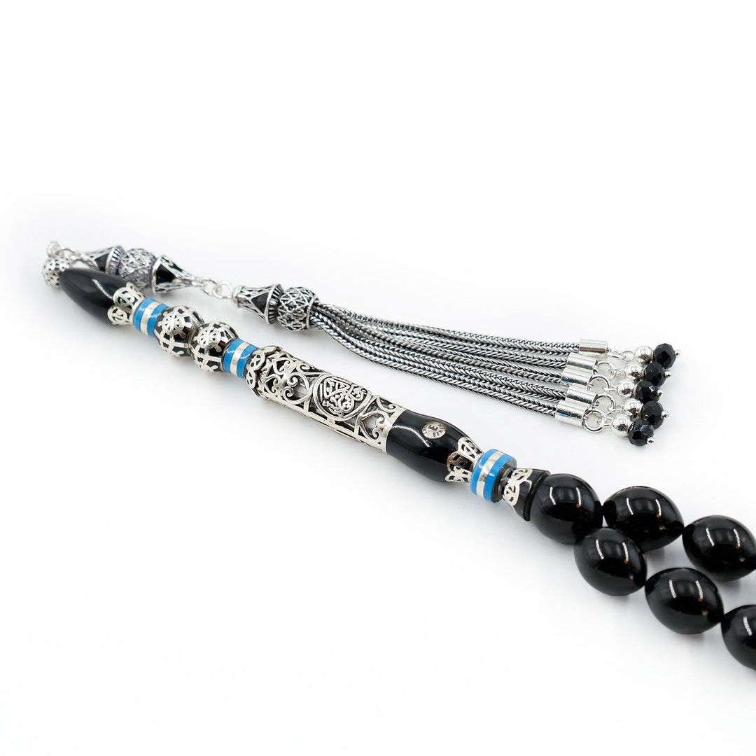 Original Erzurum Oltu Stone Jawshan Prayer Inscribed Mastercrafted Hand-Engraved Silver Imame Bead Tasbeeh – WATD686