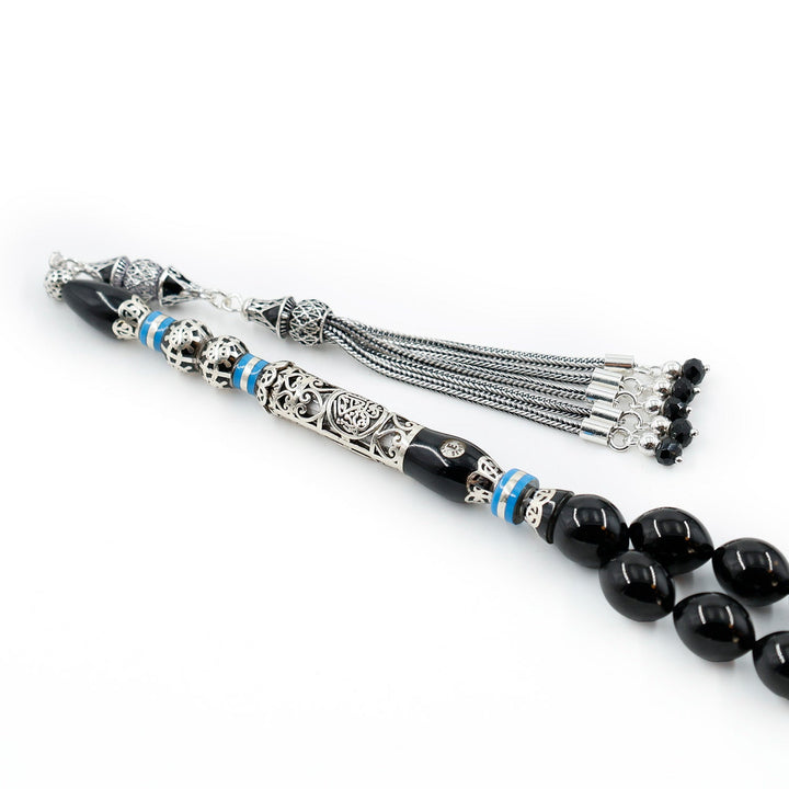Original Erzurum Oltu Stone Jawshan Prayer Inscribed Mastercrafted Hand-Engraved Silver Imame Bead Tasbeeh – WATD686