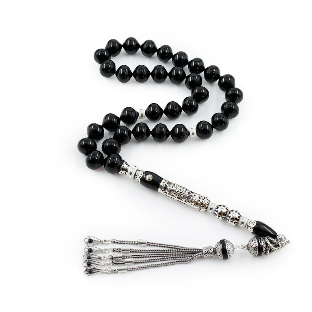 Original Erzurum Oltu Stone Jawshan Prayer Inscribed Mastercrafted Hand-Engraved Silver Imame Bead Tasbeeh – WATD687