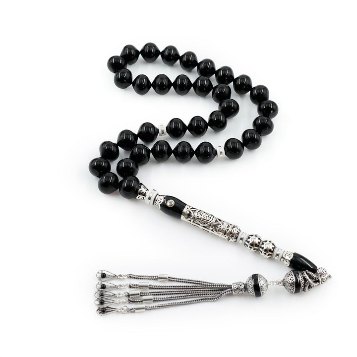 Original Erzurum Oltu Stone Jawshan Prayer Inscribed Mastercrafted Hand-Engraved Silver Imame Bead Tasbeeh – WATD687