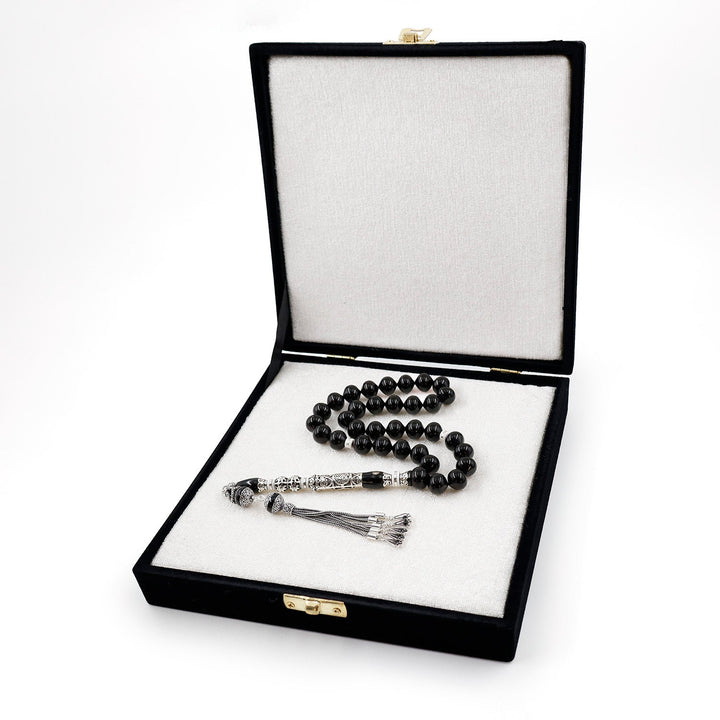 Original Erzurum Oltu Stone Jawshan Prayer Inscribed Mastercrafted Hand-Engraved Silver Imame Bead Tasbeeh – WATD687