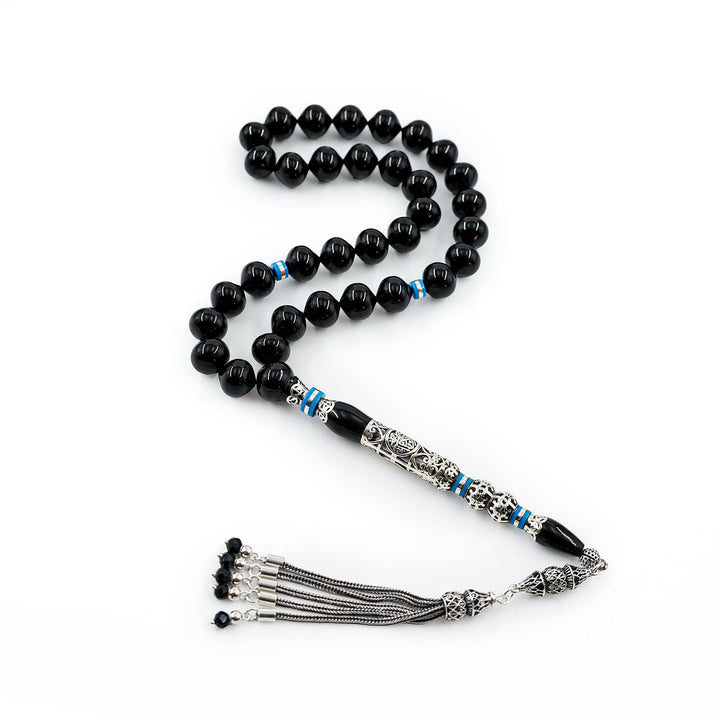 Original Erzurum Oltu Stone Jawshan Prayer Inscribed Mastercrafted Hand-Engraved Silver Imame Bead Tasbeeh – WATD688