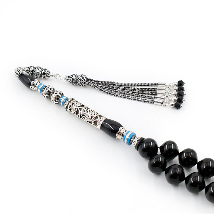 Original Erzurum Oltu Stone Jawshan Prayer Inscribed Mastercrafted Hand-Engraved Silver Imame Bead Tasbeeh – WATD688