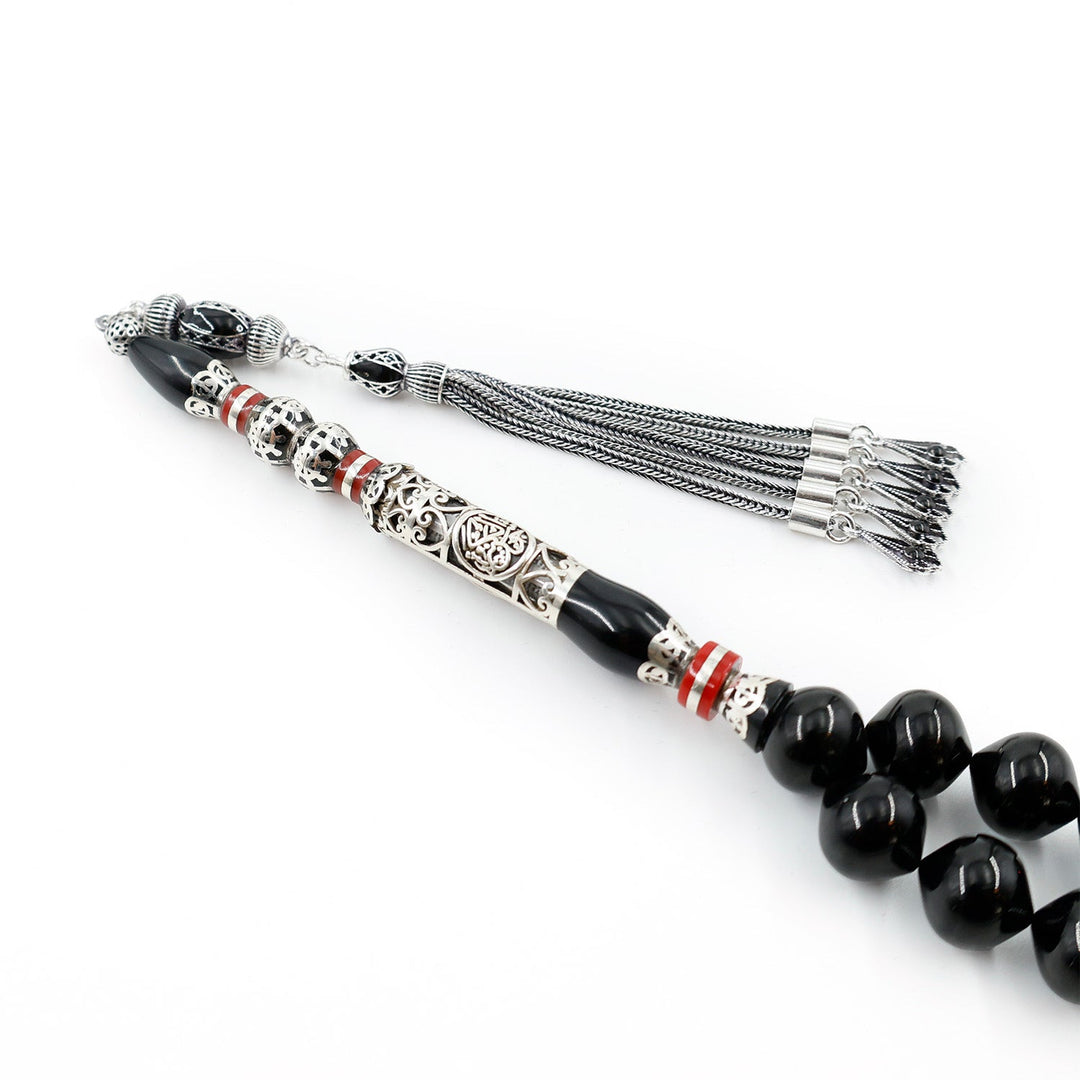 Original Erzurum Oltu Stone Jawshan Prayer Inscribed Mastercrafted Hand-Engraved Silver Imame Bead Tasbeeh – WATD689
