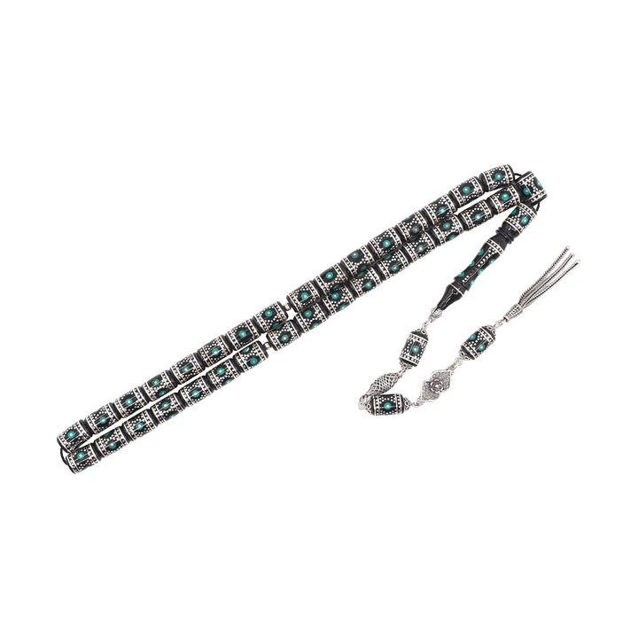 Mastercrafted Original Oltu Stone Tasbeeh with Turquoise Inlay, Silver Detailing &amp; Silver Tassel – WATD835