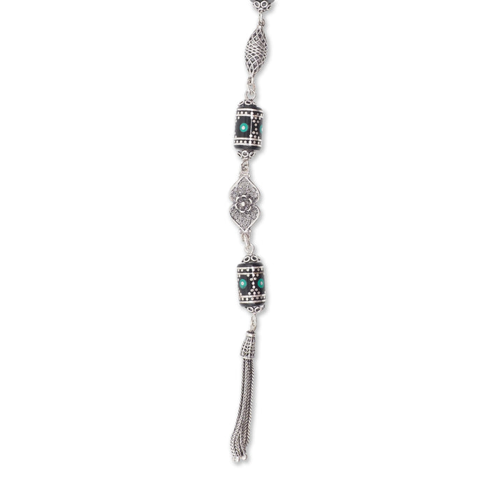 Mastercrafted Original Oltu Stone Tasbeeh with Turquoise Inlay, Silver Detailing &amp; Silver Tassel – WATD835