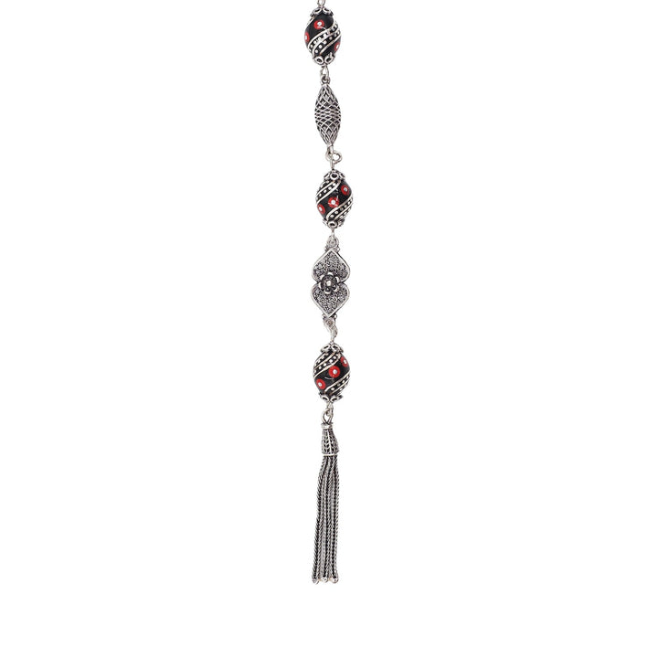 Mastercrafted Original Oltu Stone Tasbeeh with Coral &amp; Silver Inlay and Silver Tassel – WATD837